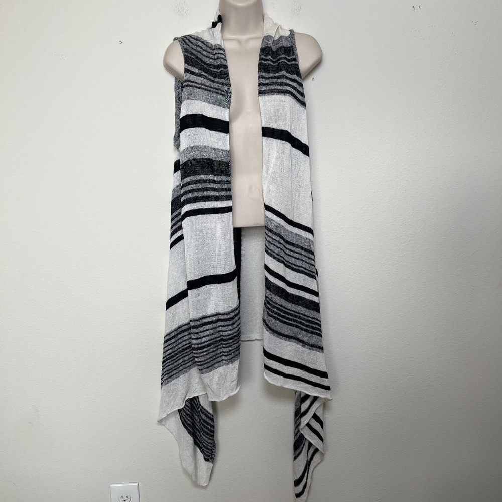 Chico's Women Linen Duster Cardigan Medium White Black Patchwork Stripe Lagenloo